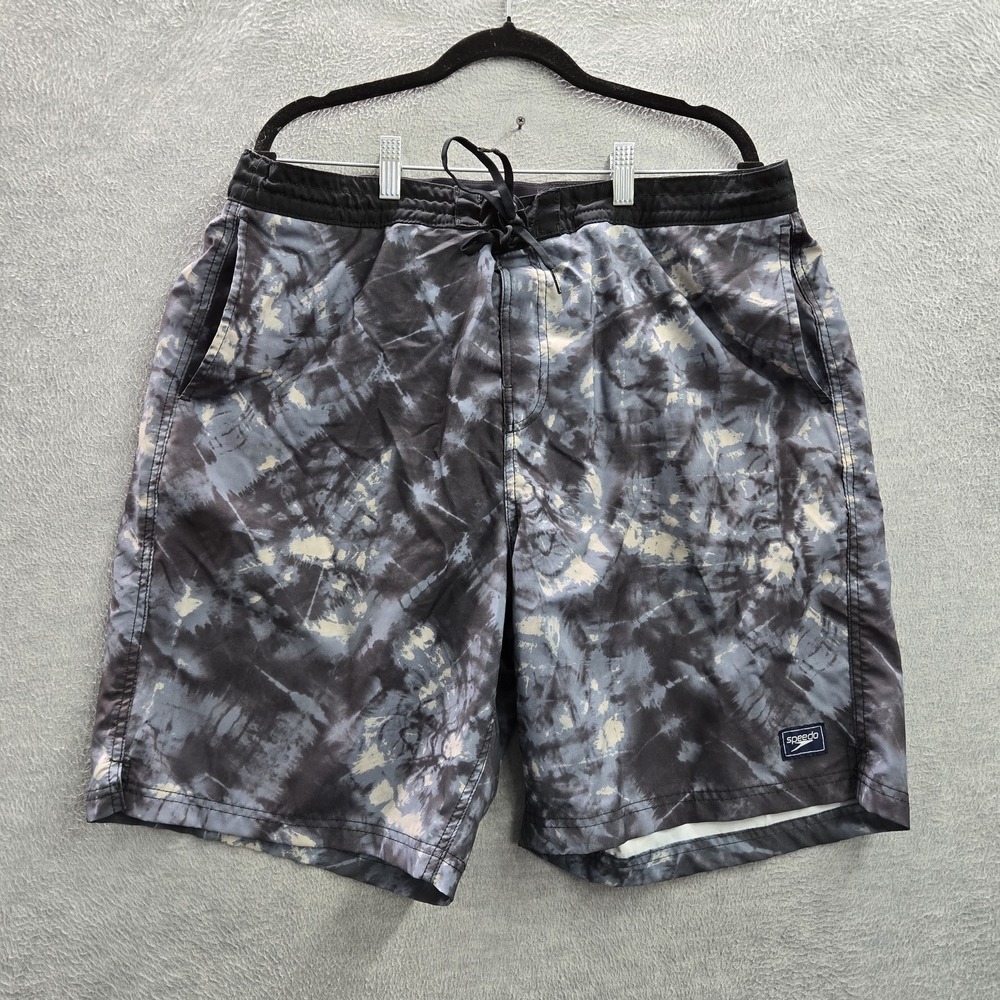 Speedo Men Swimwear XXL Gray Swim Trunks Tie Dye Logo 8" Inseam
